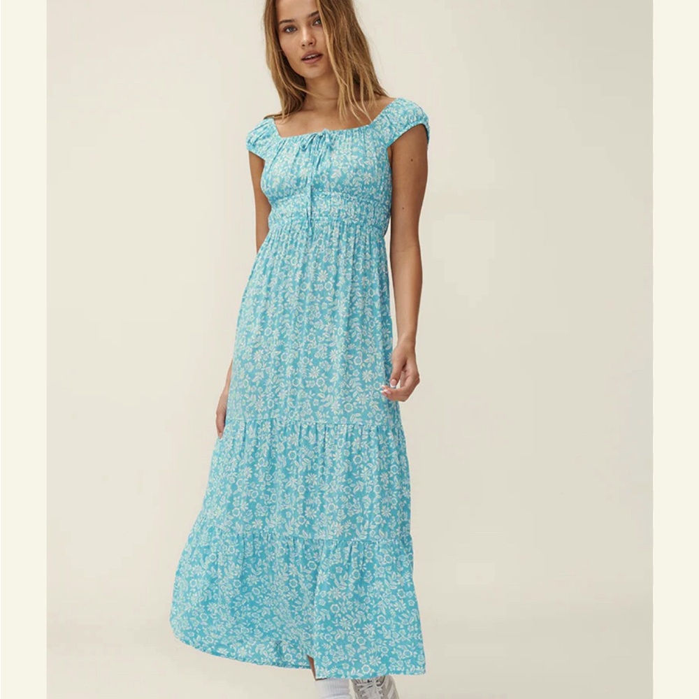 Ghanda NWT Aqua Floral Tie Smock Maxi Dress